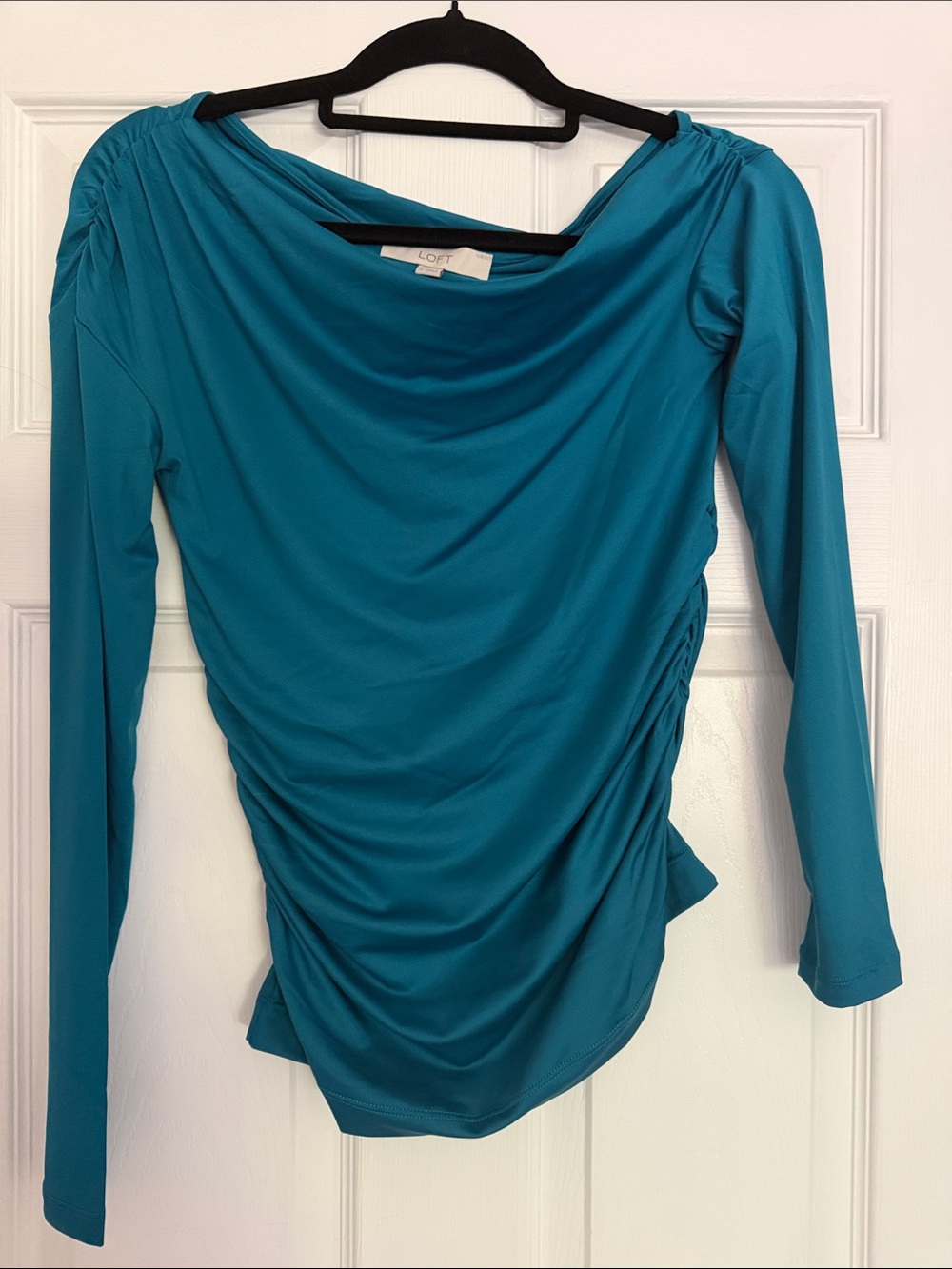 LOFT Teal Long-Sleeve Draped Boatneck Top with Side Ruching